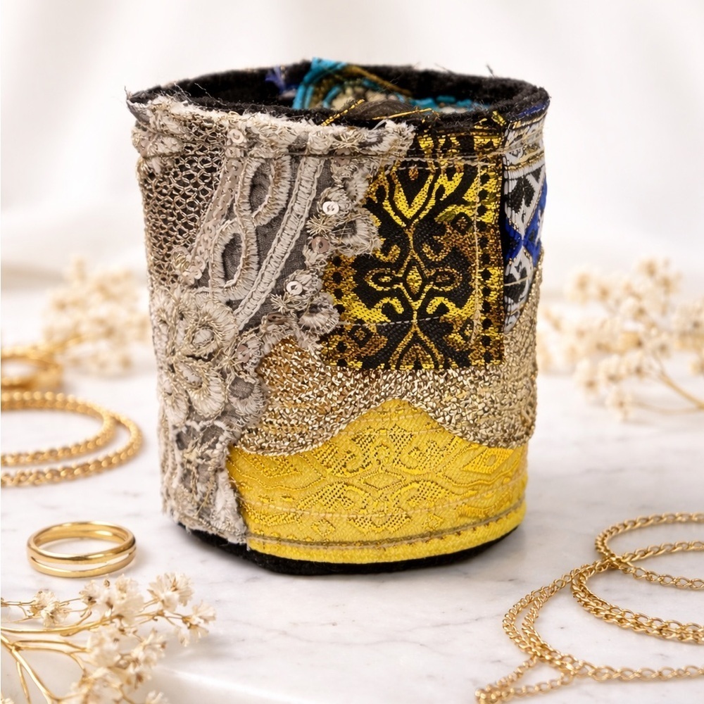 RUBYRUDI Cuff Bracelet Handcrafted OOAK Fabric Embellished Artisan Wearable Art